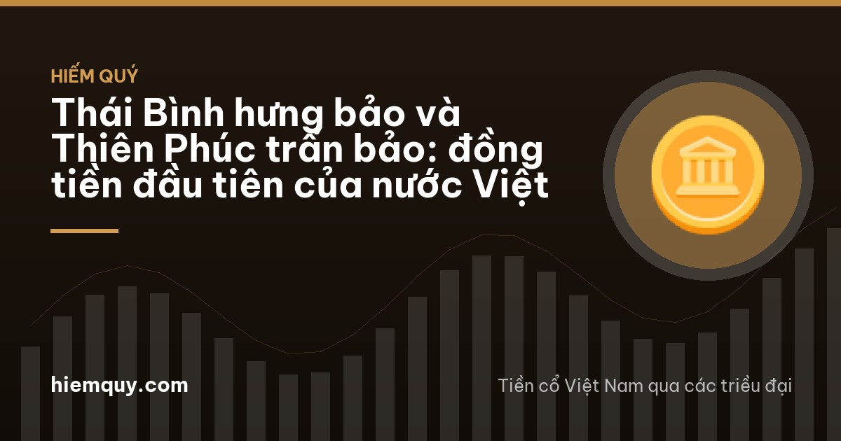 Wide view of misty limestone mountains and rice fields around the old capital area in Ninh Binh at dawn, a small bronze coin resting on a mossy stone in the foreground